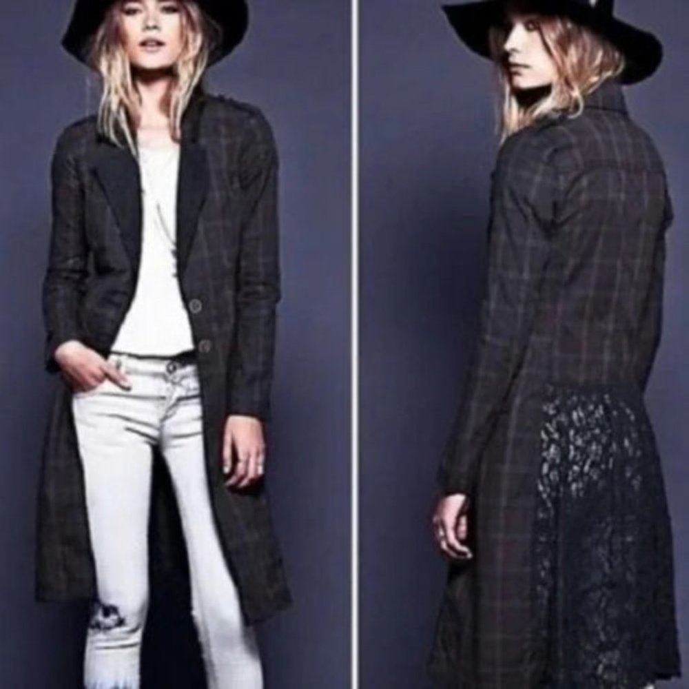 Free People Black Plaid Long Coat